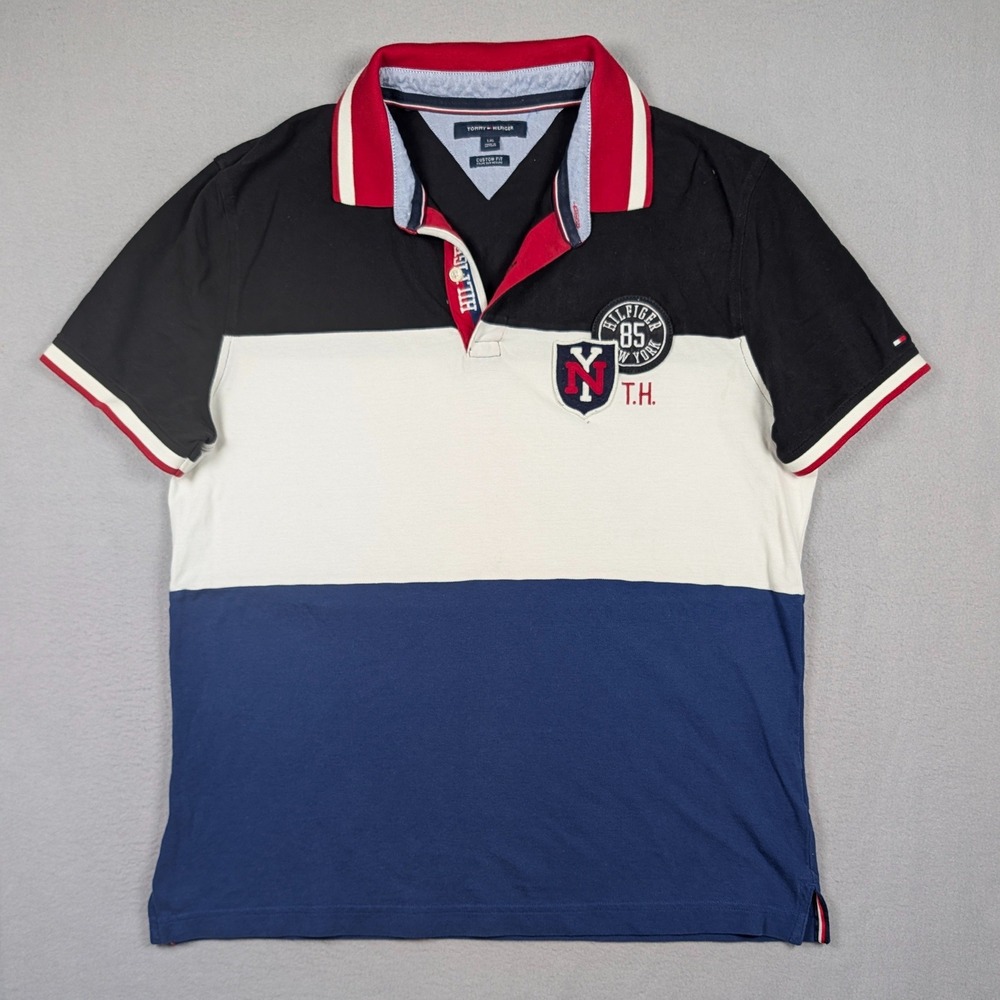 Tommy Hilfiger Polo‎ Shirt Mens Large Multicolor Colorblock Custom Fit Rugby Y2K